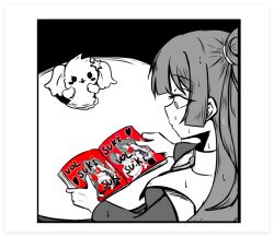  1girl akiha_school_uniform bang_dream! bang_dream!_yumemita barefoot bound bound_wrists chinese_commentary commentary_request cuffed cuffs fuji_miyako greyscale hand_puppet handcuffs heart holding holding_manga long_hair long_sleeves manga_(object) monochrome nervous_sweating puppet qiyue_qi reading school_uniform simple_background spot_color sweat viola_(bang_dream!) white_background yuri_(object) 