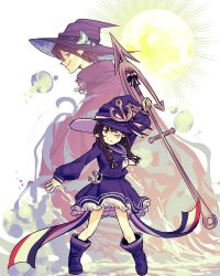  1boy 1girl anchor anchor_hat_ornament blue_boots blue_sailor_collar boots bow braid brown_hair colored_skin commentary father_and_child father_and_daughter frilled_skirt frills funamusea hat hat_ornament highres holding holding_anchor long_hair long_sleeves looking_up low_twin_braids meikai_(funamusea) multicolored_bow neckerchief oounabara_to_wadanohara parent_and_child pointy_ears pruu sailor_collar skirt solo twin_braids wadanohara white_neckerchief white_skin witch witch_hat 