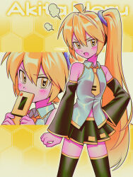  1girl ahoge akita_neru black_skirt black_thighhighs blonde_hair blush cellphone collared_shirt commentary_request detached_sleeves double-parted_bangs flip_phone grey_shirt hair_between_eyes highres holding holding_phone long_sleeves looking_at_viewer menma_(enaic31) neckerchief open_mouth phone pleated_skirt shirt side_ponytail signature skirt solo thigh-highs tie_clip vocaloid yellow_eyes yellow_neckerchief 