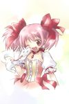  bow gloves hair_bow kaname_madoka kyubey magical_girl mahou_shoujo_madoka_magica miesa pink_eyes pink_hair short_twintails twintails white_gloves wink 