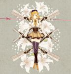  beret blonde_hair boots breasts brown_legwear corset crossed_legs_(standing) detached_sleeves dotted_line dotted_outline drill_hair fingerless_gloves flower gloves gun hair_ornament hairpin hat highres lily lily_(flower) long_hair magical_girl magical_musket mahou_shoujo_madoka_magica mami_mogu_mogu musket puffy_sleeves ribbon scissors solo standing thigh-highs thighhighs tomoe_mami twin_drills vertical-striped_legwear vertical_stripes washi_(micino) weapon when_you_see_it yellow_eyes zettai_ryouiki 