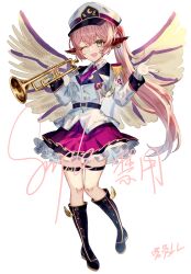 1girl :d ;d absurdres alternate_costume animal_ears artist_name bird_ears bird_wings black_boots boots chinese_commentary collared_shirt commentary_request crescent crescent_pin earrings epaulettes fringe_trim gloves highres holding holding_instrument holding_trumpet hoop_earrings instrument jacket jewelry knee_boots l0e9s29p long_hair long_sleeves looking_at_viewer mystia_lorelei necktie one_eye_closed pink_hair pink_necktie pink_skirt sample_watermark shirt skirt smile solo thigh_strap touhou touhou_mystia's_izakaya trumpet very_long_hair watermark white_gloves white_jacket white_shirt wings yellow_eyes 