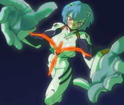  1girl ayanami_rei blue_hair blush breasts hand_focus highres mecha_pilot_suit neon_genesis_evangelion plugsuit_(evangelion) red_eyes short_hair simple_background xamurai 
