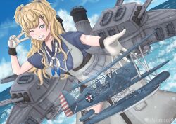  1girl absurdres aircraft aircraft_request airplane blonde_hair blue_eyes blue_sky cannon clouds commentary_request day dutch_angle gloves gradient_neckerchief grin highres kantai_collection military_uniform minneapolis_(kancolle) neckerchief outdoors rigging shikabiscuit sky smile smokestack solo two_side_up white_gloves 