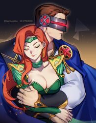  1boy 1girl absurdres breasts closed_eyes commentary couple cyclops_(elegant_eye)_(x-men) cyclops_(x-men) earrings eyeshadow green_eyeshadow head-mounted_display headband highres hug hug_from_behind jean_grey jewelry looking_to_the_side makeup marvel marvel_rivals official_alternate_costume phoenix_(viridian_vogue)_(x-men) phoenix_(x-men) red_hair silvercandy_gum superhero_costume upper_body x-men 
