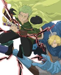  2boys blonde_hair cigarette curly_eyebrows facial_hair goatee green_hair hair_over_one_eye haki_(one_piece) highres holding holding_sword holding_weapon male_focus marrangeg multiple_boys mustache_stubble one_piece roronoa_zoro sanji_(one_piece) spiky_hair stubble sword weapon 