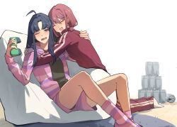  2girls absurdres aged_up ahoge awa_subaru black_hair black_shirt closed_eyes commentary drunk fang girls_band_cry highres hug iseri_nina jacket korean_commentary long_hair multiple_girls open_mouth pants parted_bangs purple_shorts purple_socks red_hair red_jacket red_pants shirt short_hair short_twintails shorts socks teeth twintails upper_teeth_only violet_eyes yuri yuri_mandu 