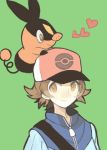  1boy baseball_cap boy brown_eyes brown_hair hat heart lowres pokemon pokemon_(creature) pokemon_(game) pokemon_black_and_white pokemon_bw sakida_kiyu short_hair smile tepig touya_(pokemon) 