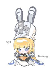  +_+ 1girl 1other bangboo_(zenless_zone_zero) blonde_hair blue_eyes blue_jacket chibi commentary_request eous_(zenless_zone_zero) full_body gloves grey_hat grey_helmet hat helmet highres jacket korean_commentary large_hat licking licking_another's_face long_hair mw_01m norma_hollowell shako_cap simple_background sitting tongue tongue_out translation_request white_background white_gloves zenless_zone_zero 