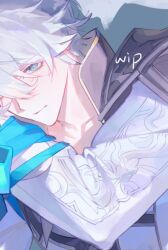  1boy antenna_hair black_shirt blue_bow blue_eyes bound bow closed_mouth coat collarbone collared_shirt hair_between_eyes hands_up high_collar honkai:_star_rail honkai_(series) long_sleeves looking_at_viewer male_focus neglow phainon_(honkai:_star_rail) shadow shirt short_hair simple_background solo tied_up_(nonsexual) unfinished upper_body white_background white_coat white_hair yellow_pupils 