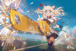  1girl anger_vein animal_ears arknights arknights:_endfield bird_ears bird_girl black_gloves black_pantyhose blue_eyes chainsaw chinese_commentary commentary_request dress fortnite gloves grey_hair highres holding holding_chainsaw jacket long_hair multicolored_gloves pantyhose perlica_(arknights) rikaz solo two-sided_gloves two-tone_gloves white_dress white_jacket yellow_gloves yellow_pupils 