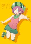  food food_themed_clothes fruit melan_collie nishiuri_warito open_mouth outstretched_arm personification purple_hair reaching shadow solo watermelon 