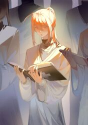  1boy ahoge blonde_hair book chinese_commentary commentary_request cowboy_shot cross degrees_of_lewdity double-parted_bangs fingernails hair_between_eyes high_collar high_ponytail highres holding holding_book jewelry latin_cross long_hair long_sidelocks long_sleeves looking_at_object male_focus multiple_others ponytail ring robe sidelocks solo sydney_(degrees_of_lewdity) sydney_(male)_(degrees_of_lewdity) v-neck white_robe wide_sleeves xiaonanhaizhenshitaikeaile 