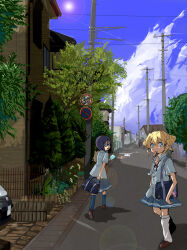  2girls bag bespectacled black_hair blonde_hair blue_skirt blue_socks brown_shoes buttons contemporary food fortress_(sekaiju) fortress_2_(sekaiju) glasses hoku holding holding_bag holding_food holding_popsicle house kneehighs leg_warmers mouth_hold multiple_girls open_mouth outdoors popsicle road_closed_to_vehicles_sign road_sign scenery sekaiju_no_meikyuu sekaiju_no_meikyuu_4 shirt shoes short_hair short_sleeves sign skirt socks standing sweat swordsman_(sekaiju_4) swordsman_2_(sekaiju_4) white_leg_warmers 