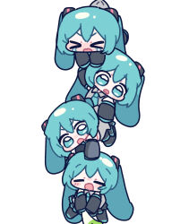  4girls absurdres black_sleeves blue_eyes blue_hair blue_necktie blush_stickers chibi chibi_only clone closed_eyes collared_shirt commentary detached_sleeves double-parted_bangs food full_body grey_shirt hatsune_miku highres holding holding_food holding_spring_onion holding_vegetable human_stacking long_hair long_sleeves miratsu_(miratsu169) multiple_girls necktie open_mouth scruffing shirt simple_background sleeveless sleeveless_shirt spring_onion twintails v-shaped_eyebrows vegetable vocaloid white_background 