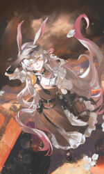  1girl absurdres animal_ears arknights arm_up black_boots black_gloves boots brown_dress collared_dress dress floating_hair frilled_dress frills from_above full_body gloves gradient_hair grey_hair hair_between_eyes highres jacinta_(arknights) lens_flare long_hair looking_at_viewer multicolored_hair open_mouth outdoors rabbit_ears rabbit_girl revk shading_eyes smile solo standing very_long_hair yellow_eyes 