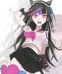 1girl absurdres black_nails black_skirt commentary_request cropped_legs danganronpa_(series) danganronpa_2:_goodbye_despair highres hospital_gown long_hair looking_at_viewer mioda_ibuki navel open_mouth pink_ribbon pleated_skirt ribbon school_uniform serafuku sffswavgpr71279 short_sleeves skirt solo teeth upper_teeth_only violet_eyes white_serafuku zoom_layer 