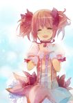  bubble_skirt closed_eyes eyes_closed gloves hair_bow kaname_madoka magical_girl mahou_shoujo_madoka_magica naruse_chisato pink_eyes pink_hair short_twintails smile tears twintails white_gloves 