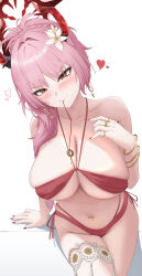  1girl absurdres bikini blue_archive blush breasts commentary_request earrings flower hair_flower hair_ornament halo highres horns huge_breasts jewelry lkovn956271 long_hair mole mole_on_breast navel open_mouth pink_hair red_bikini red_halo red_horns satsuki_(blue_archive) satsuki_(swimsuit)_(blue_archive) smile solo swimsuit 