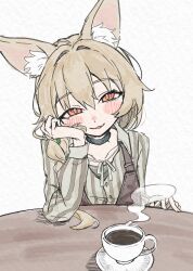  1girl absurdres arknights beanstalk_(arknights) black_collar black_overalls blush braid coffee collar cup fang grey_shirt hand_on_own_cheek hand_on_own_face head_rest highres hyena_ears hyena_girl infection_monitor_(arknights) long_hair long_sleeves looking_at_viewer mug nekomotowata overalls red_eyes saucer shirt simple_background skin_fang smile solo striped_clothes striped_shirt table upper_body white_background 