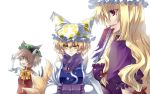  animal_ears blonde_hair breasts bust cat_ears cat_tail chen cleavage ear_piercing earrings esythqua fan fox_tail gloves hands_in_sleeves hat highres jewelry multiple_girls multiple_tails piercing red_eyes shading_eyes simple_background tail touhou white_gloves yakumo_ran yakumo_yukari yellow_eyes 