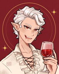  1boy alcohol artist_name astarion baldur's_gate baldur's_gate_3 commentary cup drinking_glass dungeons_&amp;_dragons highres holding holding_cup kaaileen looking_at_viewer open_mouth pointy_ears red_background red_eyes red_wine shirt short_hair solo sparkle teeth upper_body white_hair white_shirt wine wine_glass 