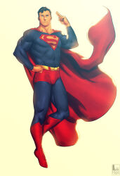  bodysuit cape clark_kent commission dc_comics filipe_sca highres justice_league my_adventures_with_superman painterly superhero_costume superman superman_(2025) superman_(series) superman_logo western_comics_(style) 