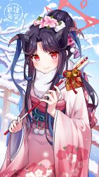  1girl absurdres arrow_(projectile) bell black_hair blue_archive blue_hair closed_mouth day eacii ema floral_print floral_print_kimono flower fur-trimmed_kimono fur_trim furisode fuuka_(blue_archive) fuuka_(new_year)_(blue_archive) hair_bun hair_flower hair_ornament halo hamaya happy_new_year highres holding horns japanese_clothes jingle_bell kimono looking_at_viewer multicolored_hair new_year obi obiage obijime outdoors pink_flower pink_kimono print_kimono railing red_eyes red_halo sash single_hair_bun smile snow snowing solo two-tone_hair upper_body wide_sleeves 