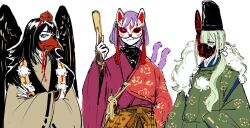  3girls bang_dream! bang_dream!_it's_mygo!!!!! black_hair black_hat black_wings brown_kimono cat_mask cat_tail crossed_arms green_eyes green_hair green_kimono hair_ribbon hand_fan hat highres holding holding_fan japanese_clothes kimono long_hair male_focus mask medium_hair mouth_mask multiple_girls multiple_tails nekomata pankoryo pom_pom_(clothes) red_hat red_kimono ribbon simple_background smile tail tengu tokin_hat two_tails wakaba_mutsumi white_background white_ribbon wings yahata_umiri yellow_eyes yuutenji_nyamu 