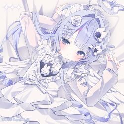 1girl absurdres apron bed_sheet black_eyes blue_hair blue_ribbon blush bow chinstrap closed_mouth commentary commission dress flower flower_hairclip frilled_apron frills hair_intakes hair_ornament hairband hand_on_own_head hands_up heart_apron highres lolita_fashion lolita_hairband long_hair long_sleeves looking_at_viewer lying on_back original pearl_hair_ornament ribbon ringlets satou_uyu shiro_lolita skeb_commission solo sparkle swept_bangs too_many_hair_ornaments twitter_username upper_body watermark white_apron white_bow white_dress white_flower white_ribbon white_wings wings x_hair_ornament