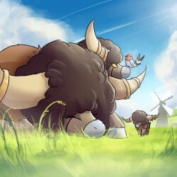  absurdres afro bird blue_sky bones_dio bouffalant clouds colored_sclera field fletchling grass highres horns no_humans outdoors pokemon pokemon_(creature) pokemon_focus sky windmill yellow_sclera 