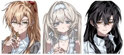  1boy 1girl :o absurdres androgynous bare_shoulders black_hair blonde_hair bow chu_yeon collared_shirt colored_eyelashes commission cross curtained_hair dark_persona degrees_of_lewdity dot_nose double-parted_bangs glasses grey_eyes grey_sweater_vest hair_bow hair_intakes hair_ribbon hairband hand_up hands_up high_ponytail highres holding holding_cross interlocked_fingers jewelry long_hair long_sidelocks looking_at_another looking_at_viewer necklace open_clothes open_shirt original over-rim_eyewear own_hands_together parted_hair parted_lips player_character_(degrees_of_lewdity) player_character_(female)_(degrees_of_lewdity) ponytail portrait red_bow ribbon scarf second-party_source semi-rimless_eyewear shirt sidelocks simple_background smile spaghetti_strap split_mouth sweater_vest sydney_(degrees_of_lewdity) sydney_(male)_(degrees_of_lewdity) turtleneck two_side_up white_background white_ribbon white_scarf white_shirt yellow_eyes 