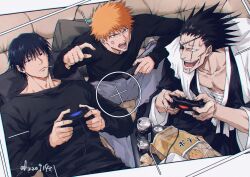  3boys :d ai-generated anger_vein angry black_eyes black_hair black_hakama black_kimono black_shirt bleach brown_eyes can casual chips_(food) closed_mouth collarbone commentary controller couch cowboy_shot crossover dutch_angle english_commentary eyepatch fang fighting fingernails food fushiguro_toji game_controller graykruger grey_pants hair_between_eyes hakama hand_up hands_up haori holding holding_controller holding_game_controller index_finger_raised indoors japanese_clothes jujutsu_kaisen kimono kurosaki_ichigo long_hair long_sleeves looking_at_another looking_at_viewer lying male_focus multiple_boys no_eyebrows nose on_back on_couch one_eye_covered open_mouth orange_hair pants playing_games playing_video_games potato_chips sarashi scar scar_across_eye scar_on_face scar_on_mouth shirt short_hair signature sitting smile spiky_hair sunken_cheeks teeth tsurime upper_body v-shaped_eyebrows viewfinder white_haori wide_sleeves zaraki_kenpachi 