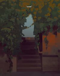  absurdres blue_sky building clear_sky english_text highres nature no_humans notaxuaxi original overgrown painterly plant scenery sky stairs vines 