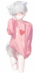  1boy absurdres animal_ears arm_at_side blush braided_animal_ear_fluff brown_shorts cat_boy cat_ears cat_tail closed_mouth clothes_tug collarbone commentary cropped_legs embarrassed genderswap genderswap_(ftm) grey_hair hand_up head_tilt heart highres long_sleeves looking_at_viewer male_focus neneko_mashiro pink_sweater print_sweater red_eyes short_hair shorts simple_background sleeves_past_wrists small_sweatdrop snacks00 solo standing stellive sweater sweater_tug tail tail_around_own_leg virtual_youtuber white_background 