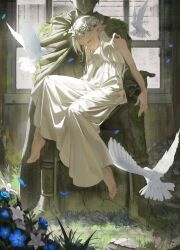  1girl bird dress elf flower full_body grass highres himmel_(sousou_no_frieren) long_dress pointy_ears sitting solo sousou_no_frieren statue white_dress white_hair yangsansui 