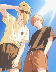  2boys alternate_costume black-framed_eyewear black_shirt black_shorts closed_mouth commentary_request deidara_(naruto) earrings eyewear_on_head from_below hands_in_pockets highres jewelry looking_at_viewer male_focus multiple_boys naruto_(series) naruto_shippuuden oishiiudon1240 red_eyes red_hair red_shorts sasori_(naruto) shirt short_hair shorts sunglasses sunlight t-shirt 