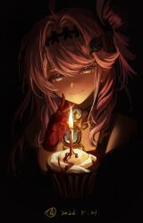  1girl absurdres candle candlelight chain closed_mouth cupcake dated denia_(wuthering_waves) food gloves hair_intakes hair_ornament hand_up highres long_hair looking_at_viewer pink_hair red_gloves smile solo v violet_eyes wuji_dun_guiyuan wuthering_waves 