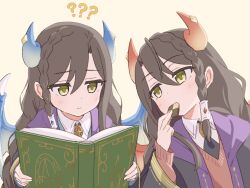  2girls ? ?? black_necktie blush book braid brown_hair closed_mouth collared_shirt commentary cookie eating food fujiyama_(yellow) hair_tubes holding holding_book holding_food horns lind_(princess_connect!) long_hair multiple_girls necktie open_book princess_connect! robe shirt simple_background single_hair_tube sweater_vest untranslatable_commentary upper_body wings wurm_(princess_connect!) yellow_background yellow_eyes 
