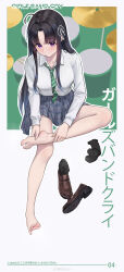  1girl absurdres ahoge awa_subaru barefoot black_hair breasts chinese_commentary closed_mouth commentary_request girls_band_cry grey_skirt hair_ribbon highres invisible_chair long_hair long_sleeves medium_breasts outline parted_bangs plaid_clothes plaid_skirt pleated_skirt qizhu ribbon school_uniform shirt shoes sidelocks sitting skirt socks solo unworn_shoes unworn_socks violet_eyes white_outline white_ribbon white_shirt 