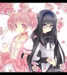  akemi_homura black_hair bow cherry_blossoms choker dango food glasses gloves hair_bow hairband highres jewelry kaname_madoka letterboxed long_hair looking_at_viewer magical_girl mahou_shoujo_madoka_magica multiple_girls neck_ribbon petals pink_eyes pink_hair puffy_sleeves red-framed_glasses ribbon short_hair short_twintails smile twintails verjuice very_long_hair wagashi when_you_see_it 