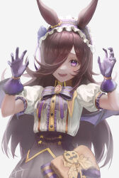  1girl absurdres animal_ears bat_wings black_gloves black_skirt blue_flower blue_rose blush bow breasts brown_hair claw_pose commentary_request fangs flipped_hair flower frilled_hairband frills gloves hair_over_one_eye hairband highres horse_ears horse_girl jack-o'-lantern_ornament lace-trimmed_gloves lace_trim long_hair looking_at_viewer nao_toyooooo official_alternate_costume open_mouth puffy_short_sleeves puffy_sleeves purple_wings rice_shower_(umamusume) rice_shower_(vampire_makeover!)_(umamusume) rose shirt short_sleeves skirt small_breasts smile solo spider_web_print teeth umamusume violet_eyes white_shirt wings 