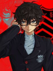  1boy absurdres amamiya_ren arm_up black-framed_eyewear black_hair black_jacket blurry blurry_background commentary glasses grey_eyes highres jacket lapels long_sleeves looking_at_viewer male_focus notched_lapels outline persona persona_5 red_background red_outline school_uniform screentones shirt short_hair shuujin_academy_school_uniform smile solo upper_body uy90lk white_shirt zoom_layer 