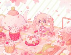  1girl :o ahoge bare_shoulders blush_stickers boots bow braid braided_twintails cherry cherry_blossoms chibi chibi_only collared_shirt commentary cream crossed_bangs cup cupcake detached_sleeves double-parted_bangs falling_petals flower food frilled_skirt frilled_sleeves frills fruit full_body hair_between_eyes hair_flower hair_ornament hatsune_miku highres holding holding_spoon inomo_(qimoshu) long_hair long_sleeves mini_person minigirl miniskirt necktie open_mouth petals pink_boots pink_eyes pink_hair pink_necktie pink_skirt pink_sleeves pleated_skirt sakura_miku saucer shirt skirt sleeveless sleeveless_shirt solo spoon standing teacup teapot thigh_boots tie_clip untranslatable_commentary very_long_hair vocaloid white_shirt wide_sleeves yellow_bow zettai_ryouiki 