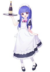  1girl absurdres apron black_dress black_shoes blue_hair blunt_bangs bottle bow bowtie commentary dress enmaided frilled_apron frilled_dress frills full_body furude_rika highres higurashi_no_naku_koro_ni holding holding_own_dress holding_tray long_hair looking_at_viewer maid maid_headdress mary_janes open_mouth pink_bow pink_bowtie shoes short_sleeves simple_background socks solo ssalyun tray violet_eyes white_apron white_background white_socks wine_bottle 