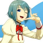  blue_hair bow bust face finger_to_face fingers hands mahou_shoujo_madoka_magica miki_sayaka open_mouth portrait puffy_sleeves school_uniform shin_(world_3000) simple_background smile v wink 