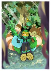  :3 absurdres animal_focus brown_fur closed_eyes club_(weapon) colored_skin commentary_request cup fangs ferret forest furret grass highres holding holding_club holding_weapon ivy_cudgel_(pokemon) leaf matcha_(food) nature no_humans ogerpon orange_skin outdoors pokemon pokemon_(creature) pokemon_focus priere_verte scenery sinistcha spiked_club sunlight tail tree weapon whiskers 