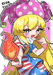 1girl :d absurdres american_flag american_flag_legwear american_flag_print american_flag_shirt blonde_hair blush clownpiece commentary_request fire flag_print hat heart heart-shaped_pupils highres holding holding_torch jester_cap komugi_zora long_hair neck_ribbon open_mouth outline pink_background print_shirt purple_hat ribbon shirt short_sleeves single_sidelock smile solo symbol-shaped_pupils torch touhou very_long_hair violet_eyes white_outline 