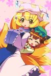  animal_ears brown_eyes brown_hair cat_ears chen closed_eyes earrings eyes_closed fang fox_tail hands_in_sleeves hat jewelry multiple_girls multiple_tails open_mouth short_hair smile tail torishima_(ousama) touhou yakumo_ran 