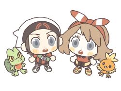  1boy 1girl 28_(eep228) beanie blush_stickers bow_hairband brendan_(pokemon) brown_hair commentary_request grey_eyes hairband hat highres korean_commentary looking_up may_(pokemon) open_mouth pants pokemon pokemon_(creature) pokemon_omega_ruby_and_alpha_sapphire red_hairband red_shirt shirt shoes short_sleeves standing teeth torchic treecko upper_teeth_only white_background white_hat yellow_shoes 